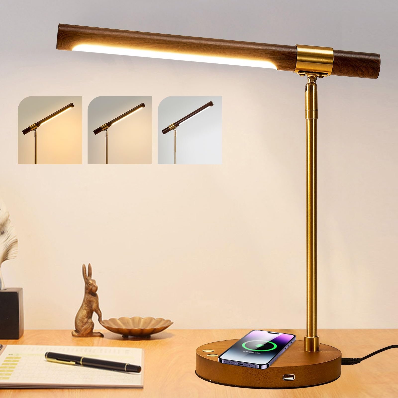 LED Desk Lamp with Wireless Charger — Touch Control, 5 Brightness Levels, 3 Color Modes, USB Charging Port